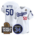 Los Angeles Dodgers #50 Mookie Betts White MWATKINS 2024 World Series With Fernando Memorial Patch Limited Stitched Jersey