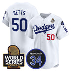 Los Angeles Dodgers #50 Mookie Betts White MWATKINS 2024 World Series With Fernando Memorial Patch Limited Stitched Jersey