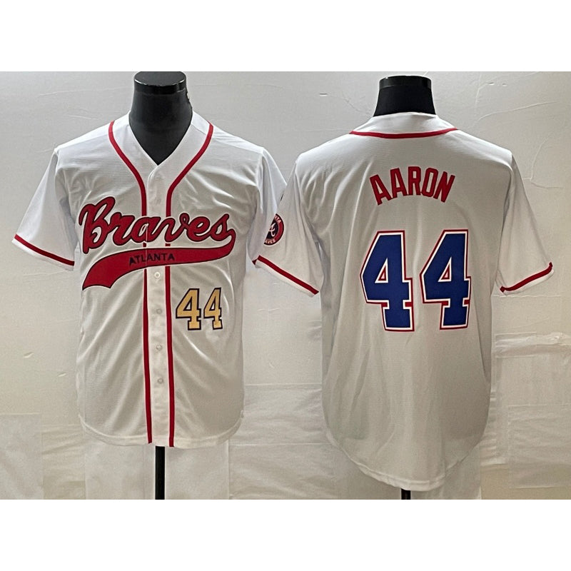 Atlanta Braves #44 Hank Aaron Number White MWATKINS Cool Base With Patch Stitched Jersey