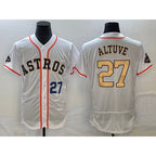 Houston Astros #27 Jose Altuve Number 2023 White MWATKINS Gold World Serise Champions Patch Flex Base Stitched Jersey 2