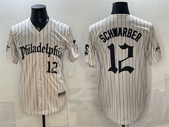 Philadelphia Phillies #12 Kyle Schwarber Cream MWATKINS Pinstripe Gothic Vapor Limited Stitched Jersey