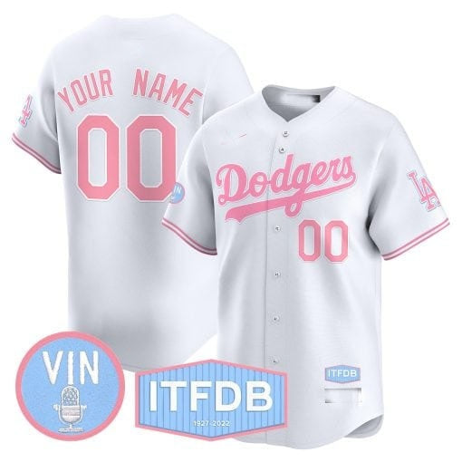 Custom Los Angeles Dodgers Vin ITFDB Patch Bubblegum Pink Vapor Premier Limited Jersey ¨C White MWATKINS