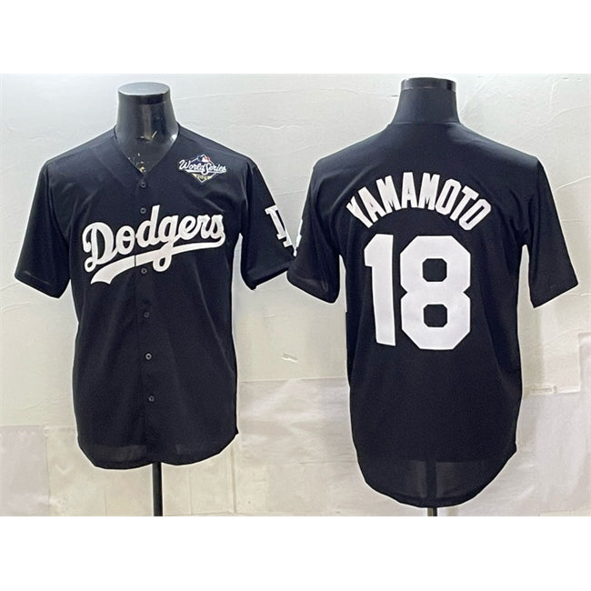 Los Angeles Dodgers #18 Yoshinobu Yamamoto Black MWATKINS 2025 World Series Patch Cool Base Stitched Jersey