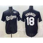 Los Angeles Dodgers #18 Yoshinobu Yamamoto Black MWATKINS 2025 World Series Patch Cool Base Stitched Jersey