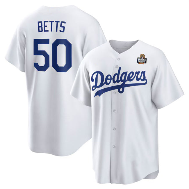 Los Angeles Dodgers #50 Mookie Betts White MWATKINS 2024 World Series Cool Base Stitched Jersey