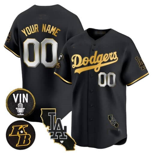 Custom Los Angeles Dodgers Vin Patch & Kobe Bryant Gold Trim Vapor Premier Limited Jersey V2 ¨C All Stitched-Black MWATKINS