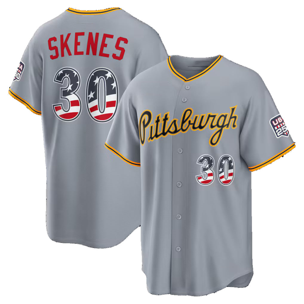 Pittsburgh Pirates #30 Paul Skenes USA 250 Fourth of July Road Stadium Jersey - Gray MWATKINS