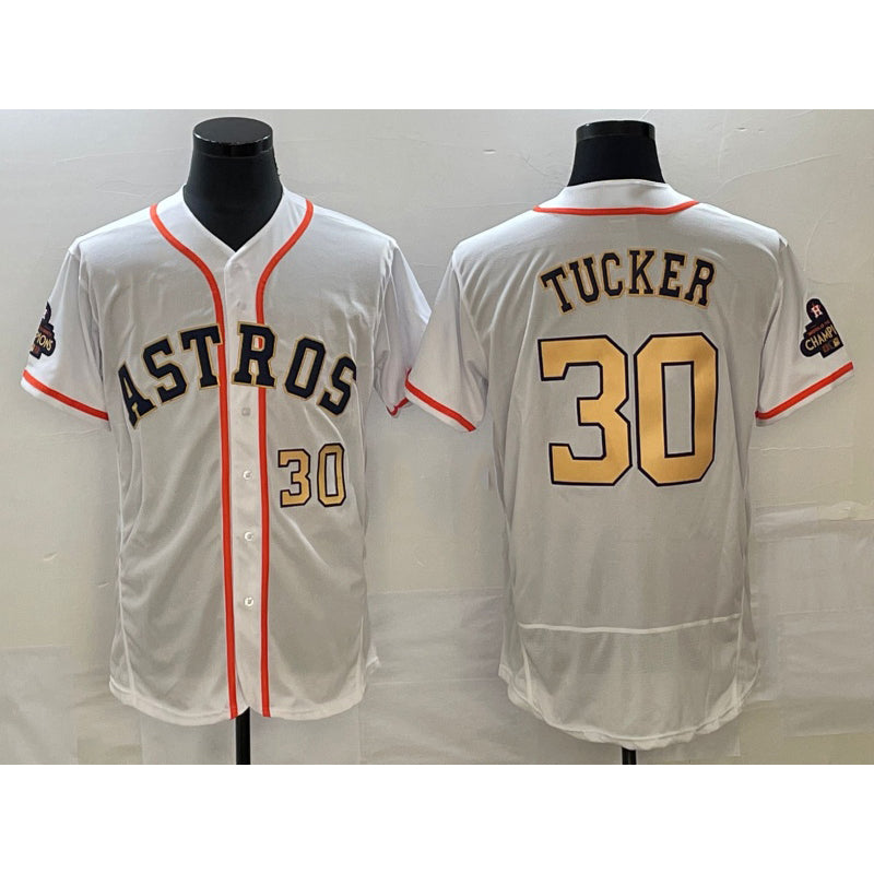 Houston Astros #30 Kyle Tucker Number 2023 White Gold MWATKINS World Serise Champions Patch Flex Base Stitched Jersey 2