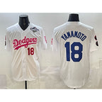 Los Angeles Dodgers #18 Yoshinobu Yamamoto White MWATKINS Pink 2025 World Series Vin & Kobe Patch Limited Stitched Jersey
