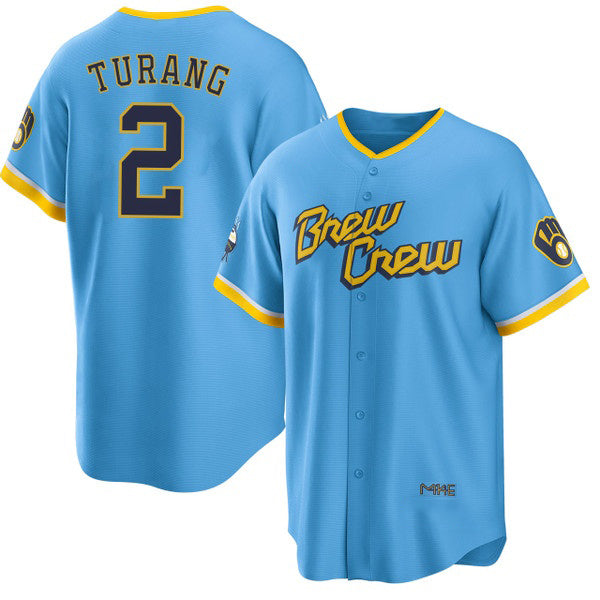 Milwaukee Brewers #2 Brice Turang Blue MWATKINS 2022 City Connect Cool Base Stitched Jersey