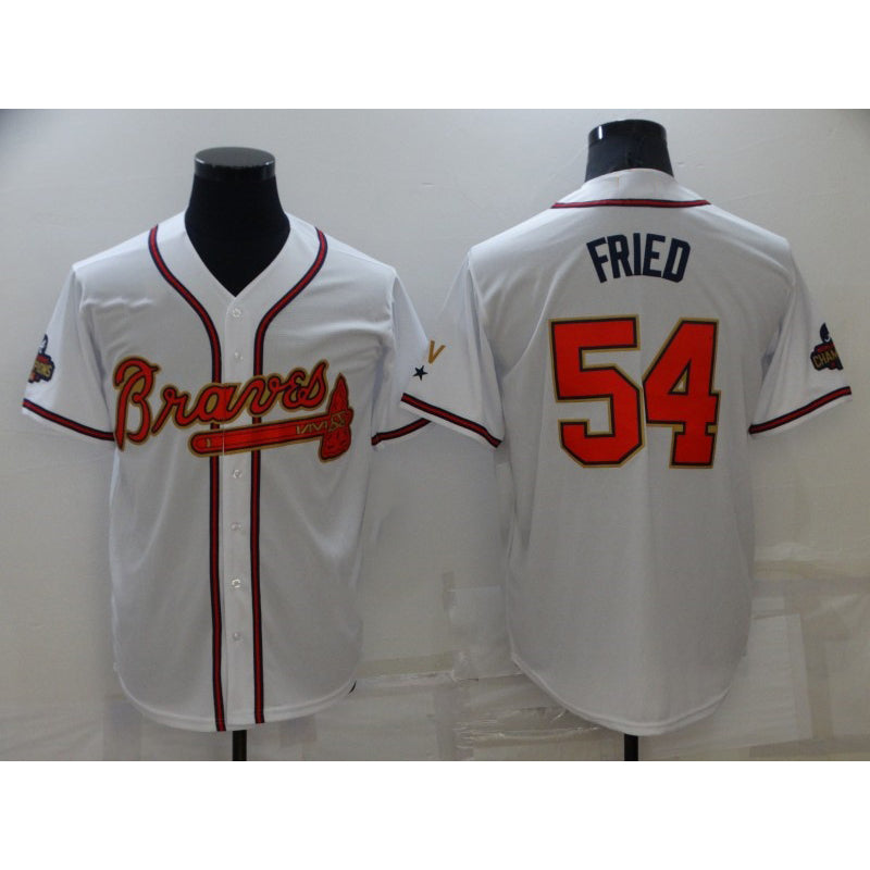 Atlanta Braves #54 Max Fried 2022 White Gold MWATKINS World Series Champions Program Cool Base Stitched Jersey