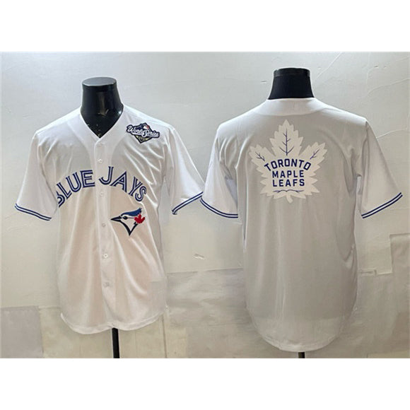 Toronto Blue Jays & Leafs White MWATKINS 2025 World Series With White Leafs Logo Cool Base Stitched Jersey