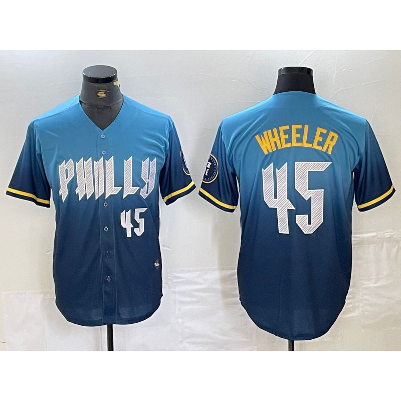 Philadelphia Phillies #45 Zack Wheeler Blue MWATKINS 2024 City Player Number Cool Base Stitched Jersey 2