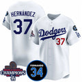 Los Angeles Dodgers #37 Teoscar Hernandez White MWATKINS 2024 World Series Champions With Fernando Memorial Patch Vapor Premier Home Limited Stitched Jersey