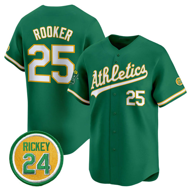 Oakland Athletics #25 Brent Rooker Green MWATKINS 2024 Limited With Rickey Henderson Patch Stitched Jersey