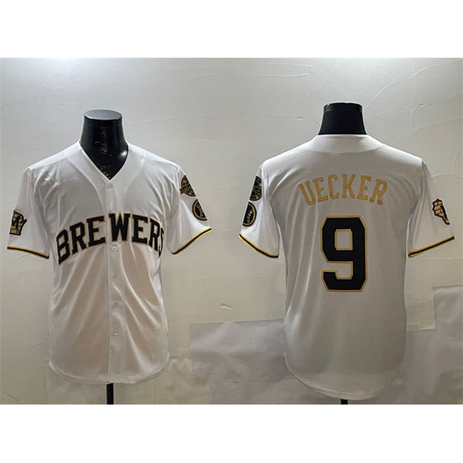 Milwaukee Brewers #9 Bob Uecker White Gold MWATKINS With Home Patch Limited Stitched Jersey