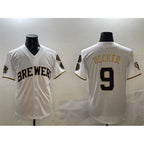 Milwaukee Brewers #9 Bob Uecker White Gold MWATKINS With Home Patch Limited Stitched Jersey
