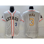 Houston Astros #3 Jeremy Pena Number 2023 White Gold MWATKINS World Serise Champions Patch Flex Base Stitched Jersey 3