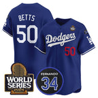 Los Angeles Dodgers #50 Mookie Betts Royal MWATKINS 2024 World Series With Fernando Memorial Patch Limited Stitched Jersey