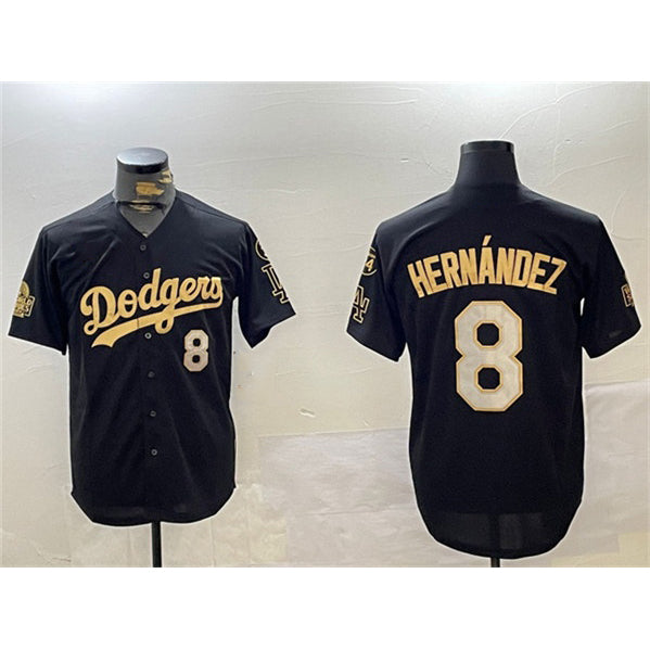 Los Angeles Dodgers #8 Enrique Hernandez Black Gold MWATKINS 2024 World Series With Fernando Memorial Patch Home Limited Stitched Jersey