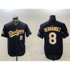 Los Angeles Dodgers #8 Enrique Hernandez Black Gold MWATKINS 2024 World Series With Fernando Memorial Patch Home Limited Stitched Jersey