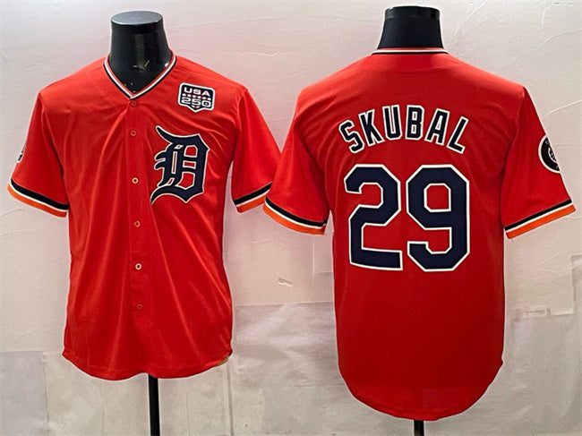 Detroit Tigers #29 Tarik Skubal Orange MWATKINS 2026 Alternate USA 250' Patch Vapor Premier Limited Stitched Jersey