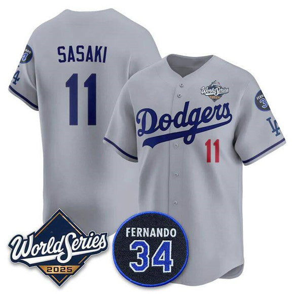 Los Angeles Dodgers #11 R¨­ki Sasaki Gray MWATKINS 2025 World Series With No. 34 Patch Limited Stitched Jersey