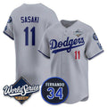 Los Angeles Dodgers #11 R¨­ki Sasaki Gray MWATKINS 2025 World Series With No. 34 Patch Limited Stitched Jersey