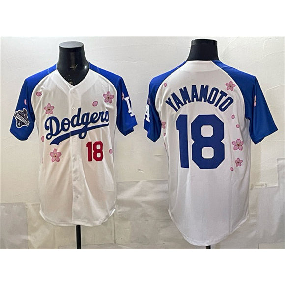 Los Angeles Dodgers #18 Yoshinobu Yamamoto White Royal MWATKINS 2025 World Series Champions Patch Tokyo Series Limited Stitched Jersey