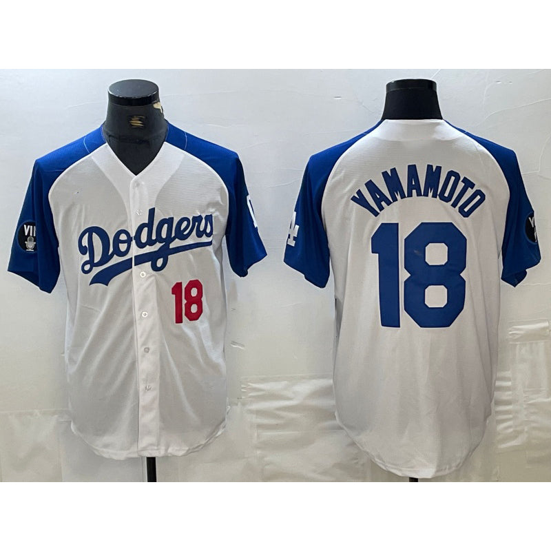 Los Angeles Dodgers #18 Yoshinobu Yamamoto Number White Blue MWATKINS Fashion Stitched Cool Base Limited Jersey