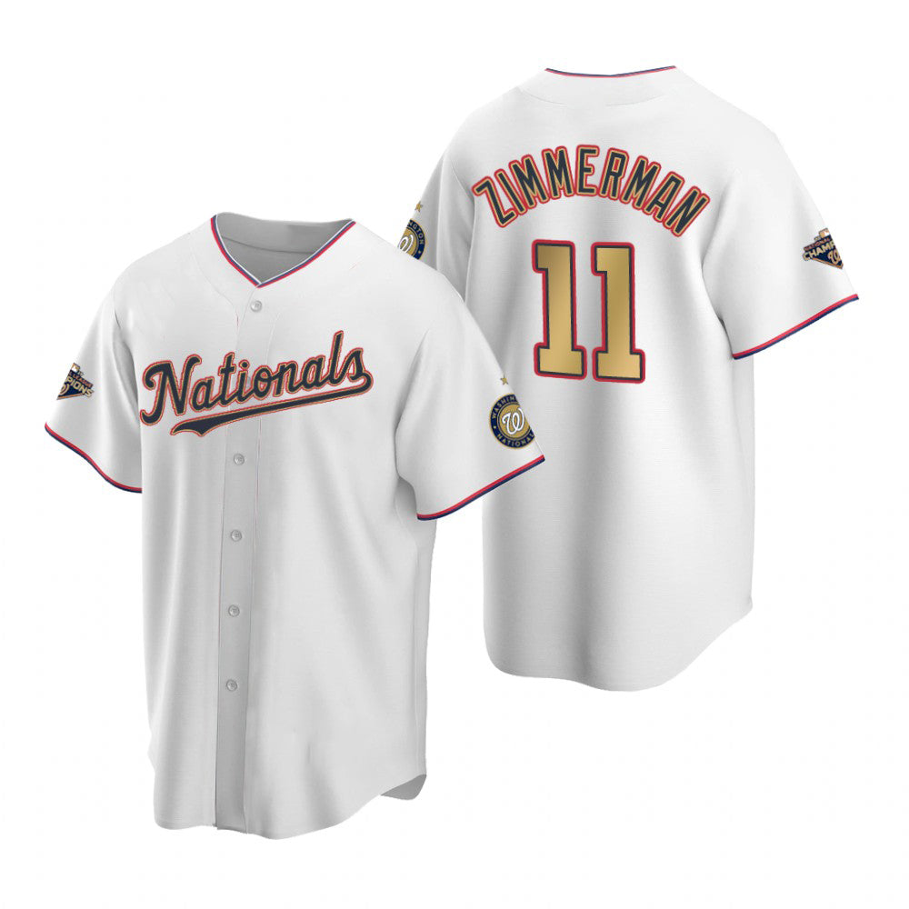 Washington Nationals #11 Ryan Zimmerman White Gold MWATKINS 2019 World Series Champions Stitched Cool Base Jersey