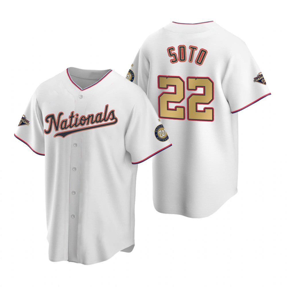 Washington Nationals #22 Juan Soto White Gold MWATKINS 2019 World Series Champions Stitched Cool Base Jersey