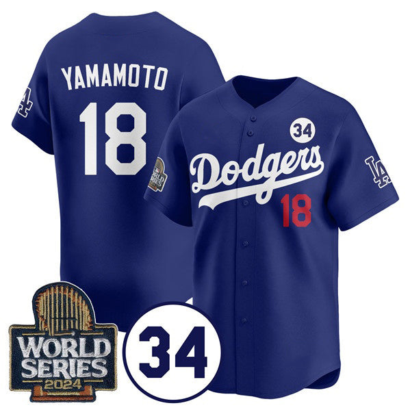 Los Angeles Dodgers #18 Yoshinobu Yamamoto Royal MWATKINS 2024 World Series With No. 34 Patch Cool Base Stitched Jersey