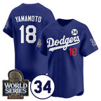 Los Angeles Dodgers #18 Yoshinobu Yamamoto Royal MWATKINS 2024 World Series With No. 34 Patch Cool Base Stitched Jersey