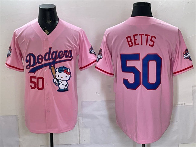 Los Angeles Dodgers #50 Mookie Betts Pink MWATKINS Hello Kitty Night 2025 World Series Champions Patch Stitched Jersey