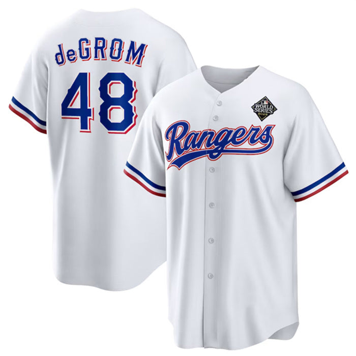 Texas Rangers #48 Jacob DeGrom White MWATKINS 2023 World Series Cool Base Stitched Jersey