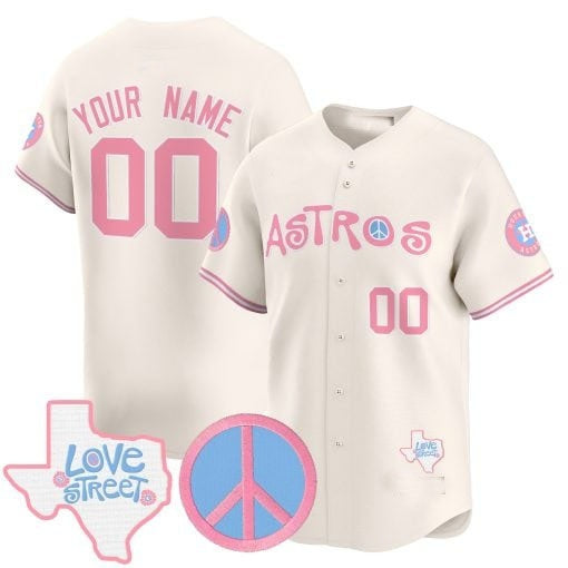 Custom Houston Astros  Love Street & Peace Sign Patch Bubblegum Pink Vapor Premier Limited Jersey ¨C All Stitched-Cream MWATKINS