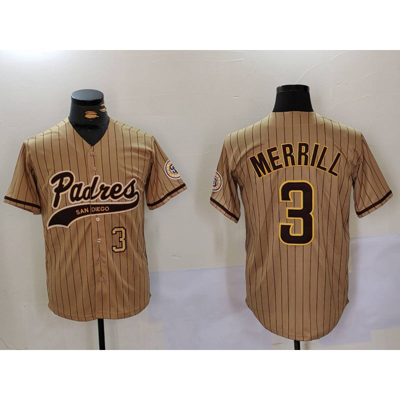 San Diego Padres #3 Jackson Merrill Tan MWATKINS 2023 Cool Base Stitched Jerseys
