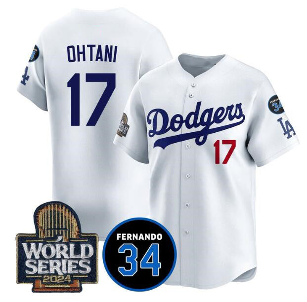 Los Angeles Dodgers #17 Shohei Ohtani White MWATKINS 2024 World Series With Fernando Memorial Patch Limited Stitched Jersey