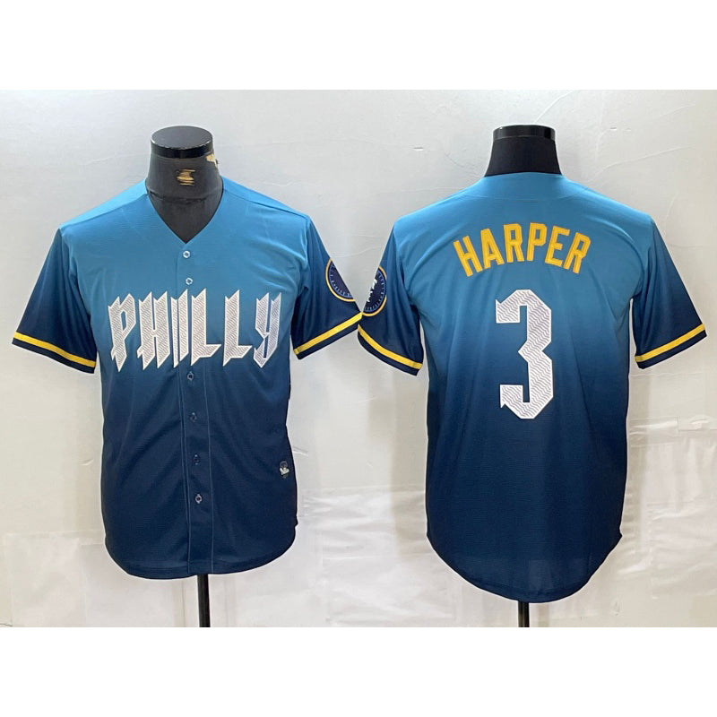 Philadelphia Phillies #3 Bryce Harper Blue MWATKINS 2024 City Connect Limited Stitched Jersey