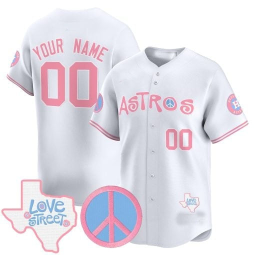 Custom Houston Astros  Love Street & Peace Sign Patch Bubblegum Pink Vapor Premier Limited Jersey ¨C White MWATKINS