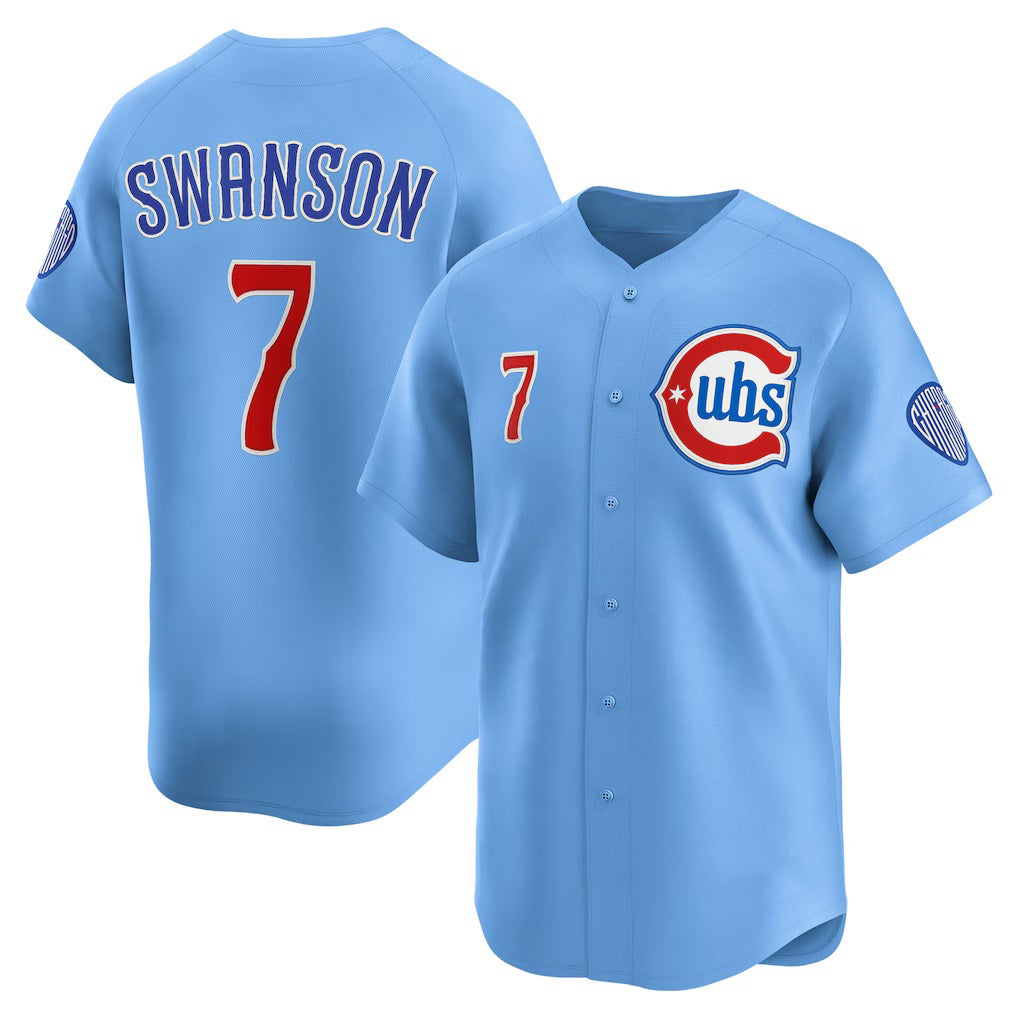 Chicago Cubs #7 Dansby Swanson Baby Blue MWATKINS 2nd Alternate Limited Player Jersey