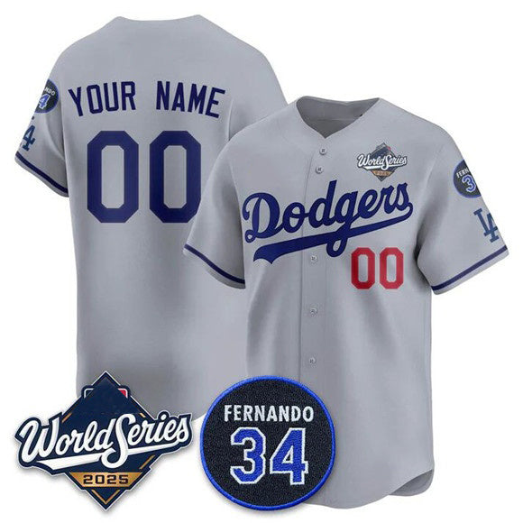 Custom Los Angeles Dodgers ACTIVE PLAYER Gray MWATKINS 2025 World Series With No. 34 Patch Limited Stitched Jersey