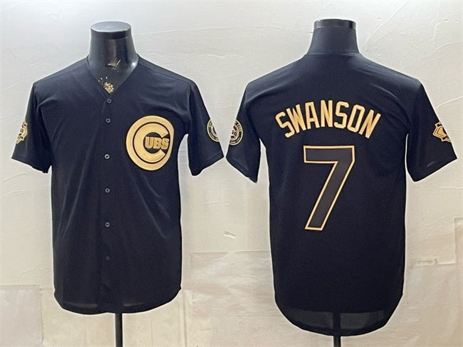 Chicago Cubs #7 Dansby Swanson Black Gold MWATKINS 150th Anniversary Patch Stitched Jersey