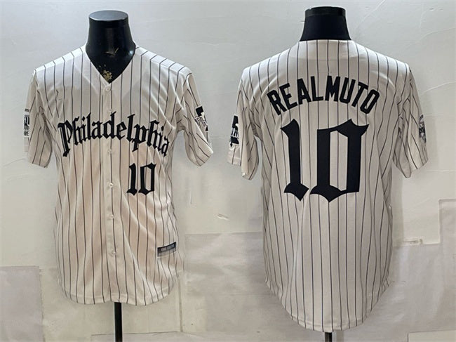 Philadelphia Phillies #10 J.T. Realmuto Cream MWATKINS Pinstripe Gothic Vapor Limited Stitched Jersey