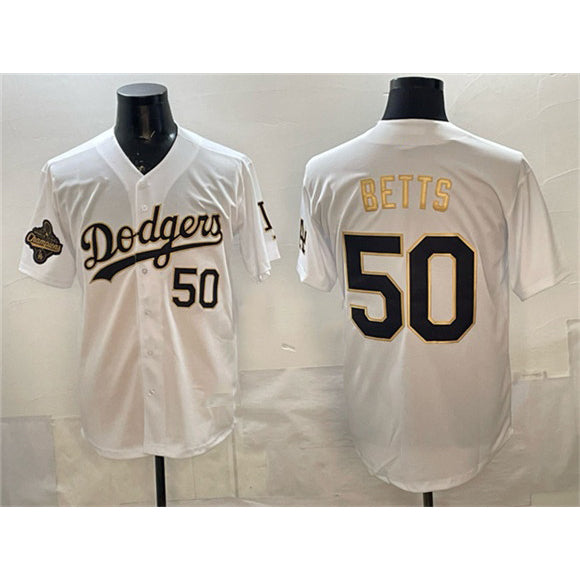 Los Angeles Dodgers #50 Mookie Betts White Gold MWATKINS 2025 World Series Champions Patch Limited Stitched Jersey