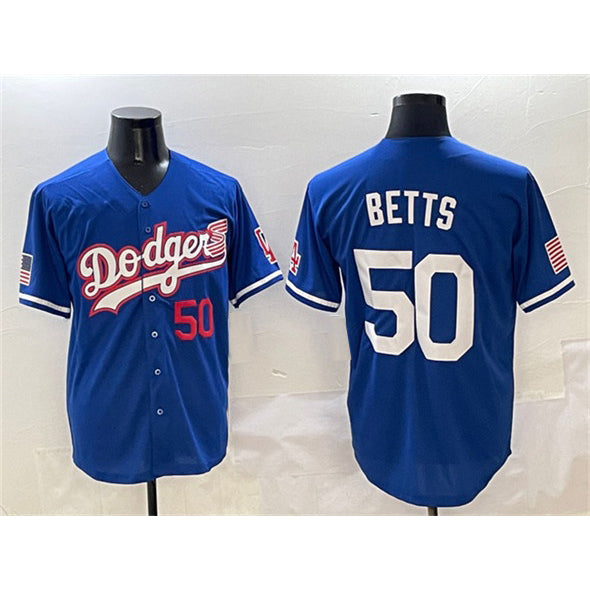 Los Angeles Dodgers #50 Mookie Betts Royal MWATKINS With American Flag Patch Limited Stitched Jersey