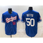 Los Angeles Dodgers #50 Mookie Betts Royal MWATKINS With American Flag Patch Limited Stitched Jersey