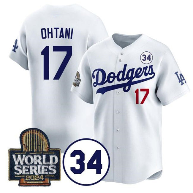 Los Angeles Dodgers #17 Shohei Ohtani White MWATKINS 2024 World Series With No. 34 Patch Limited Stitched Jersey