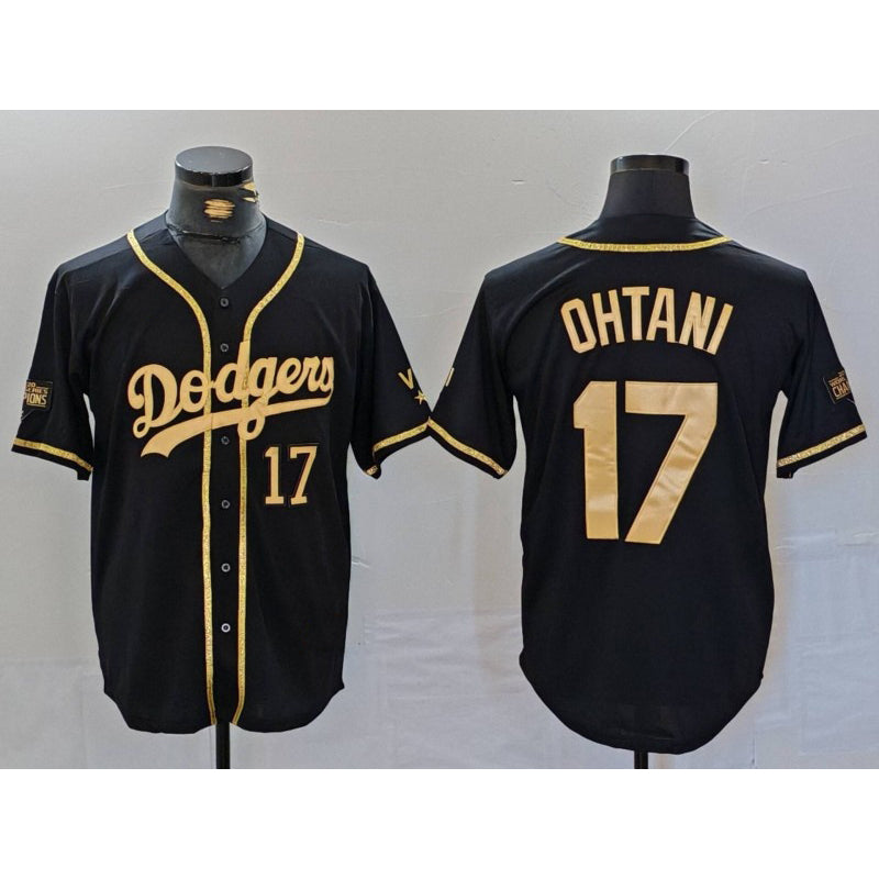 Los Angeles Dodgers #17 Shohei Ohtani Number Black Gold MWATKINS World Series Champions Cool Base Stitched Jersey